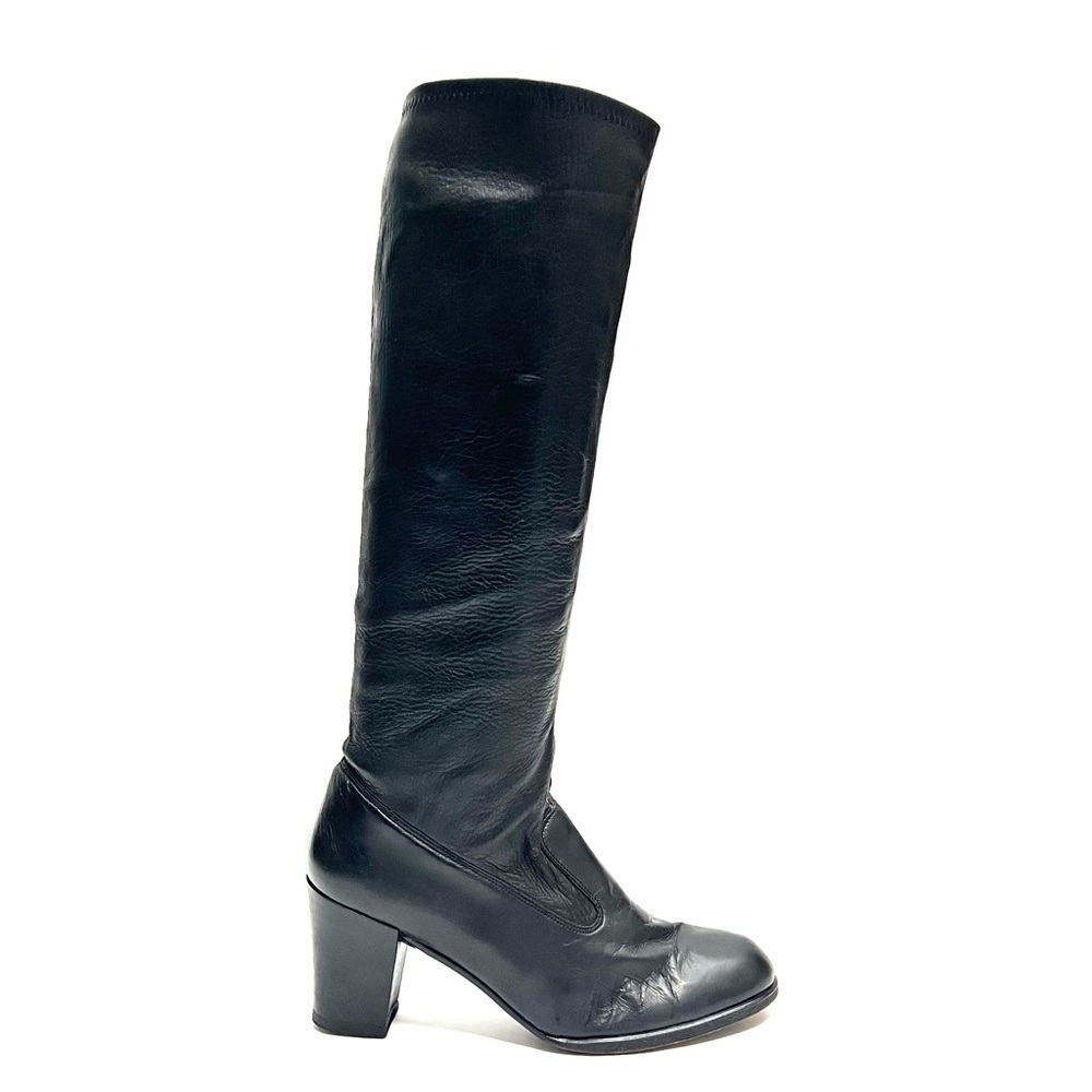 CHARLES JOURDAN | Vintage 1960s black leather pull on knee high gogo boots